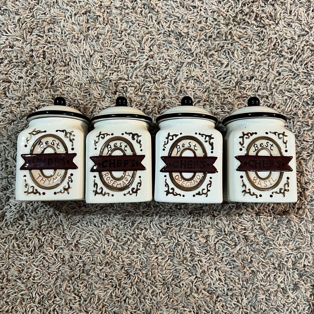 Home Interiors Vtg Best Chefs 4 Spice Jars Lids Thyme‎ Oregano Basil Rosemary